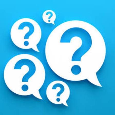 White thought bubbles with question marks on blue background