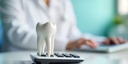 Model tooth on a calculator with dentist blurry in background