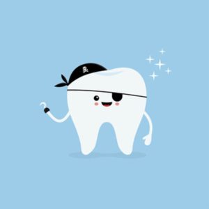 Cartoon image of a tooth dressed like a pirate.